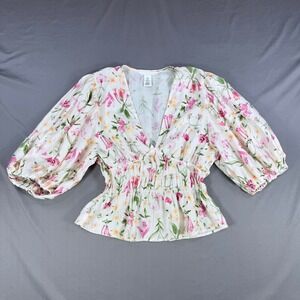 H&M Floral Puff Sleeve Blouse Womens Small White Pink Smocked Waist Peplum Top